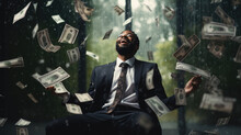 Young Businessman Stands Under Money Fly Rain.