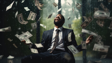 Wall Mural - Young businessman stands under money fly rain.