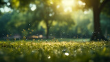 Fototapeta Fototapety z naturą - Image of a public park with a soft green hue, featuring a gentle blur and bokeh effect amid a cluster of trees. The abstract backdrop portrays a sunlit, blurred, and verdant parkland.