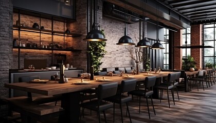 Interior of cozy restaurant, loft style, with bar and chairs with concrete walls and wooden floor indoors