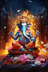 Wall Mural - Ganesha Hindu God , with flowers, oil painting taken up into heaven, sitting in front of bokeh mandala background