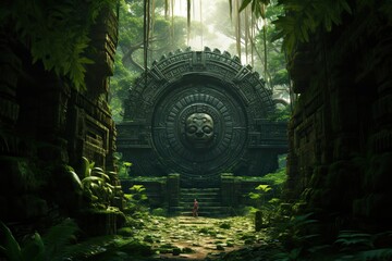 mayan gate in the forest. an adventurer in a green tropical rainforest discovering a secret passage.