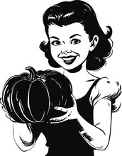 Vintage Little Girl Holding A Pumpkin Halloween, Happy Halloween Vector Illustration, SVG