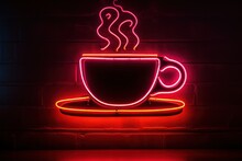 Cup Of Coffee With Smoke Neon Red Sign On Cafe Or Restaurant Wall