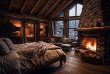 Interior Of Bedroom In Chalet In The Mountains .Living Room With Fireplace. Winter Vacation Home. Luxury Lifestyle. Ski Resort Stay.