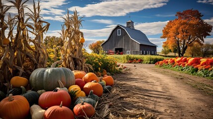 An idyllic scene of a rustic barn surrounded by fields of pumpkins and cornstalks, embraced by fall foliage - Generative ai