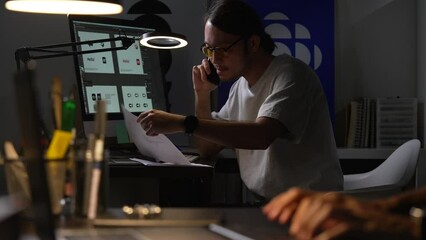 Aufkleber - Asian man graphic designer working on computer drawing sketches logo design. The concept of a new brand. Professional creative occupation with idea.