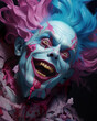 Immerse yourself in a realm of imagination with this realistic illustration depicting a joker with striking blue hair. This eccentric creature, a fusion of the eerie and the whimsical.