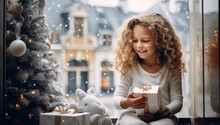 A Little Girl Sitting In Front Of A Christmas Tree Holding A Present