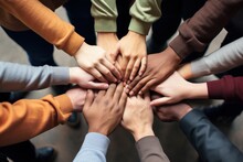Diverse Hands In Circle Signify Unity, Teamwork, And Partnership. Concept Of Collaboration And Cooperation.