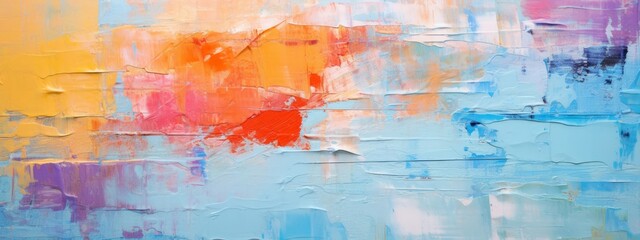 Wall Mural - Closeup of abstract rough colorful multicolored pink blue orange colored art painting texture, with oil brushstroke, pallet knife paint on canvas (Generative Ai)