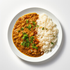 Daal Chawal Pakistani Dish On Plate On White Background Directly Above View