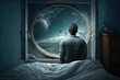 Man sitting in bed looking at the view of the planet from the window
