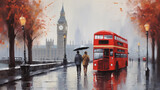 Fototapeta Londyn - oil painting on canvas, street view of london. Artwork. Big ben. man and woman under a red umbrella, bus and road. Tree. England (ai generated)