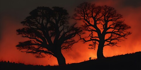 Wall Mural - sunset in the forest. Black silhouette of a tree. Night sky with fiery orange red clouds. Fire in the forest. Or horror. Bloody sunset