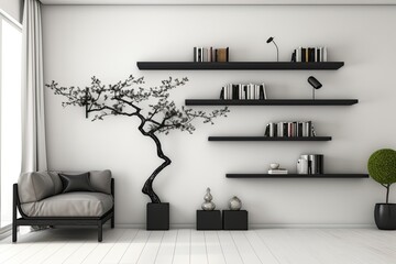 A modern living room interior design with a fake poster frame, a black metal shelf, a beige sofa, and little decorations. Home staging that is unique. Nothing except white. There is no room. Template
