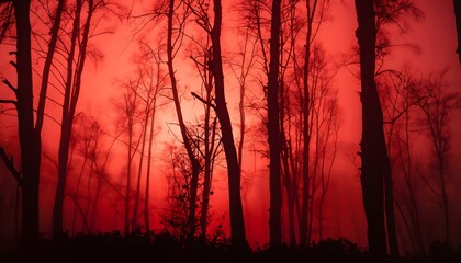 Wall Mural - Sunset in the forest. Black silhouettes of tall trees on a red foggy background. Sky, tree, trees, landscape, sun, nature, clouds, sunrise.
