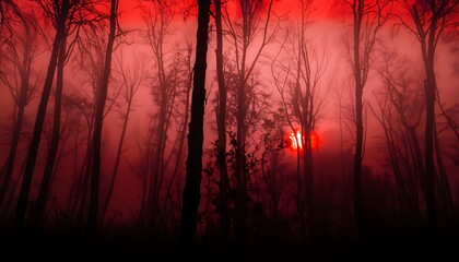 Wall Mural - sunrise in the forest. Black silhouettes of tall trees on a red foggy background. Dark, fog, winter, red, morning.