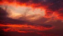 Red Clouds In The Sky. Bright Red Sunset. Dramatic Evening Sky With Clouds. Nature, Sun, Orange, Sunrise, Red, Evening.