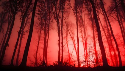 Wall Mural - sunset in the forest. Blood sunset in the forest. Black silhouettes of tall trees on a red foggy background.