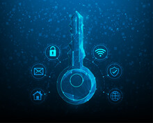 Key Security Technology Digital On Blue Background. Electronic Key And Code Safety Icon Cyber. Information Privacy Padlock. Vector Illustration Fantastic Technology Design.