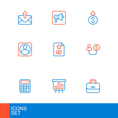 Poster - Set line Briefcase, Board with graph chart, Calculator, Human and money, Create account screen, Advertising, Financial growth dollar and Megaphone icon. Vector