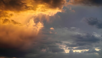 Wall Mural - Yellow orange sky with clouds view. Dramatic skies background with space for design.