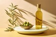 On a white pedestal against a light green backdrop, an olive branch and a bottle of extra virgin olive oil are on exhibit. Food thats suitable for the Mediterranean diet