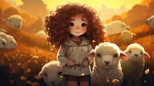 A Little Girl Standing In A Field Of Sheep