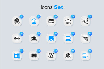 Poster - Set Internet piracy, Exclamation mark in triangle, Network cloud connection, Browser window, Speech bubble chat, Security camera, Computer vision and Cloud database icon. Vector