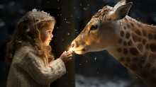 Girl Touching The Nose Of A Deer In The Intense Winter Of Christmas. Illustration Of A Girl In Christmas Magic Very Close To An Animal. Exciting And Captivating Scene Of The Christmas Spirit.