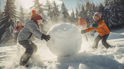 Wall Mural - Group of children playing on snow in winter time,  Created using generative AI tools.