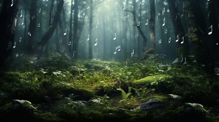 Abstract background with music notes in the forest, classic musical poster, nature sounds