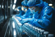 Employees working with pharmaceutical machinery operating a production line of medical glass bottles in a drug pharma factory line in a clean room wearing sanitary gloves. Industrial concept.