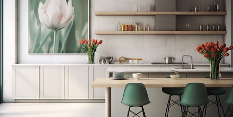 Wall Mural - an open kitchen with colorful tulip and kitchen utensils Generative AI