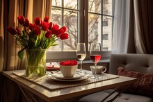 A Table In The Living Room Or House With Two Champagne Flutes And Red Tulip Flowers For Valentines Day, A Romantic Evening, And The Holidays.