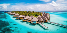 Tropical Beach Panorama View, Bungalows Stay In Sea, Coastline With Palms, Caribbean Sea In Sunny Day, Summer Time, Tropical Seascape With Bungalows, Turquoise Sea Or Ocean Under Sky