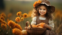A Little Girl Holding A Basket Of Pumpkins