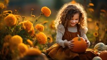 A Little Girl Holding A Pumpkin In A Field Of Flowers