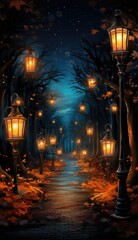 Poster - A path in the woods at night with lanterns