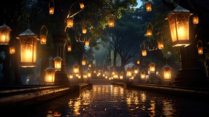 Canvas Print - A row of lanterns lit up in the dark