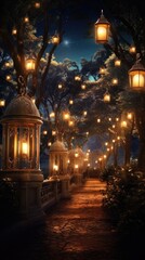 Poster - A pathway with lanterns and trees at night