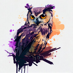 Watercolor owl on branch.