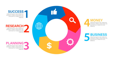 Poster - Circle infographics. Template for diagram, graph, presentation and chart with segments and icons, colored sectors. Business analytics, strategy progress, project development, analysis, accounting