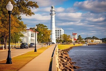 Wall Mural - Exploring Biloxi, Mississippi, USA: A Beautiful City Landscape Featuring Biloxi Lighthouse and Iconic American Architecture on Avenue. Generative AI