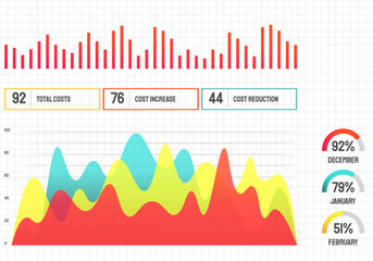 Aufkleber - Business infographic, modern concept for presentation, background for interface, advertising, text. Dynamics, diagrams, parabolas, geometric shapes vector background. Interactive data color graph
