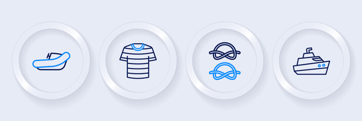 Sticker - Set line Speedboat, Nautical rope knots, Striped sailor t-shirt and Inflatable with motor icon. Vector