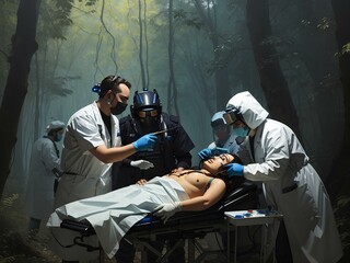 cyberpunk doctors in a forest.