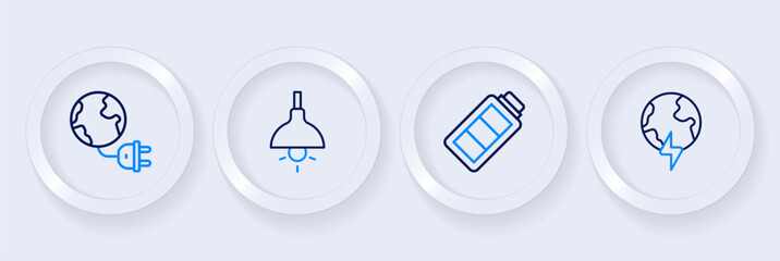 Poster - Set line Global planet with thunderbolt, Battery charge, Lamp hanging and energy plug icon. Vector