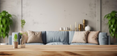 Wall Mural - Wood table top on blur living room have sofa and armchair, Generative AI 